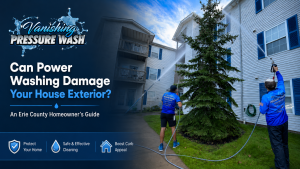 Vanishing Pressure Wash technicians cleaning a house exterior in Erie County with professional pressure washing equipment