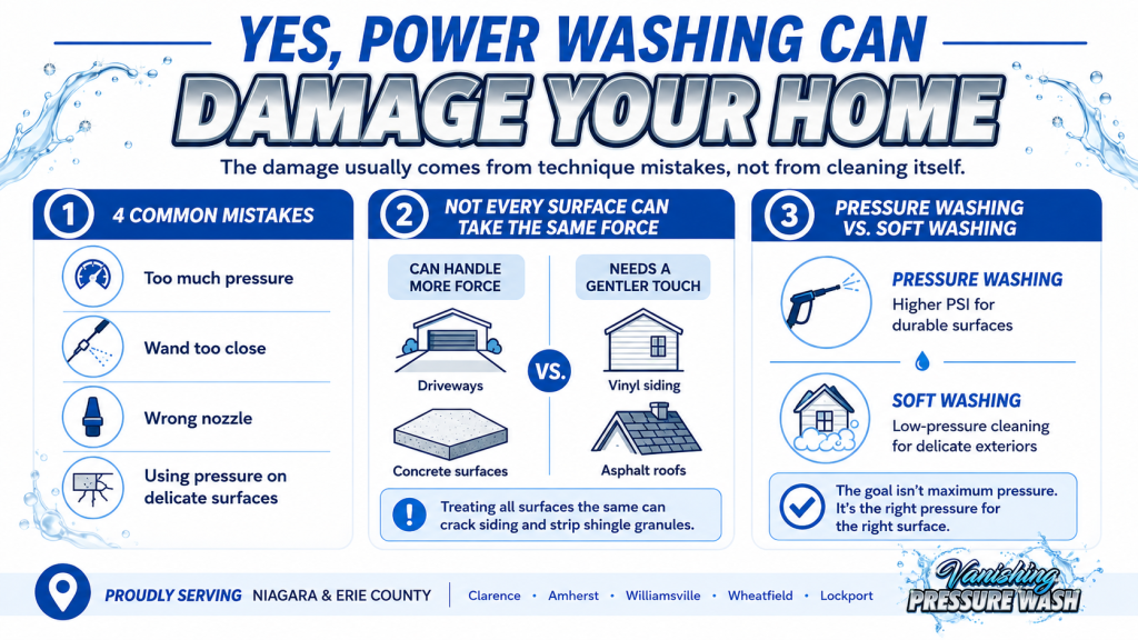 Infographic showing common power washing mistakes and why siding and asphalt roofs require lower pressure than concrete surfaces