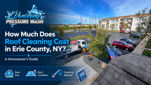 Vanishing Pressure Wash roof cleaning service in Erie County, NY with professional equipment at a residential property.