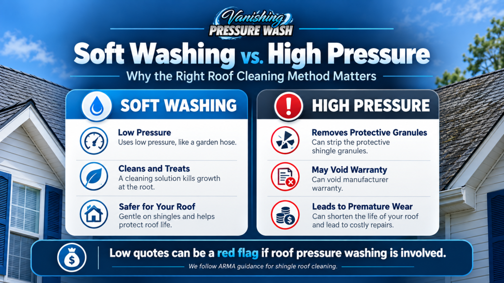 Infographic comparing soft washing and high-pressure roof cleaning, showing how low-pressure cleaning protects shingles while high pressure can remove granules and cause premature roof wear.